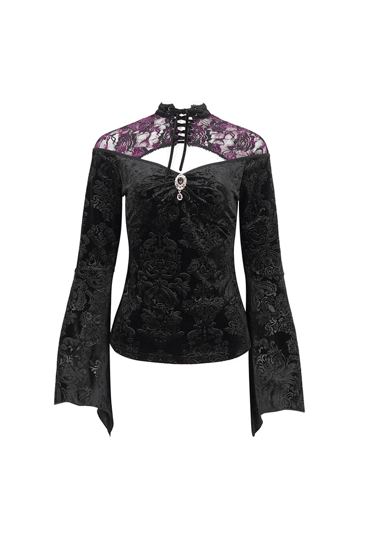 Black Cutout Flared Sleeved Floral Embossed Women's Gothic Shirt