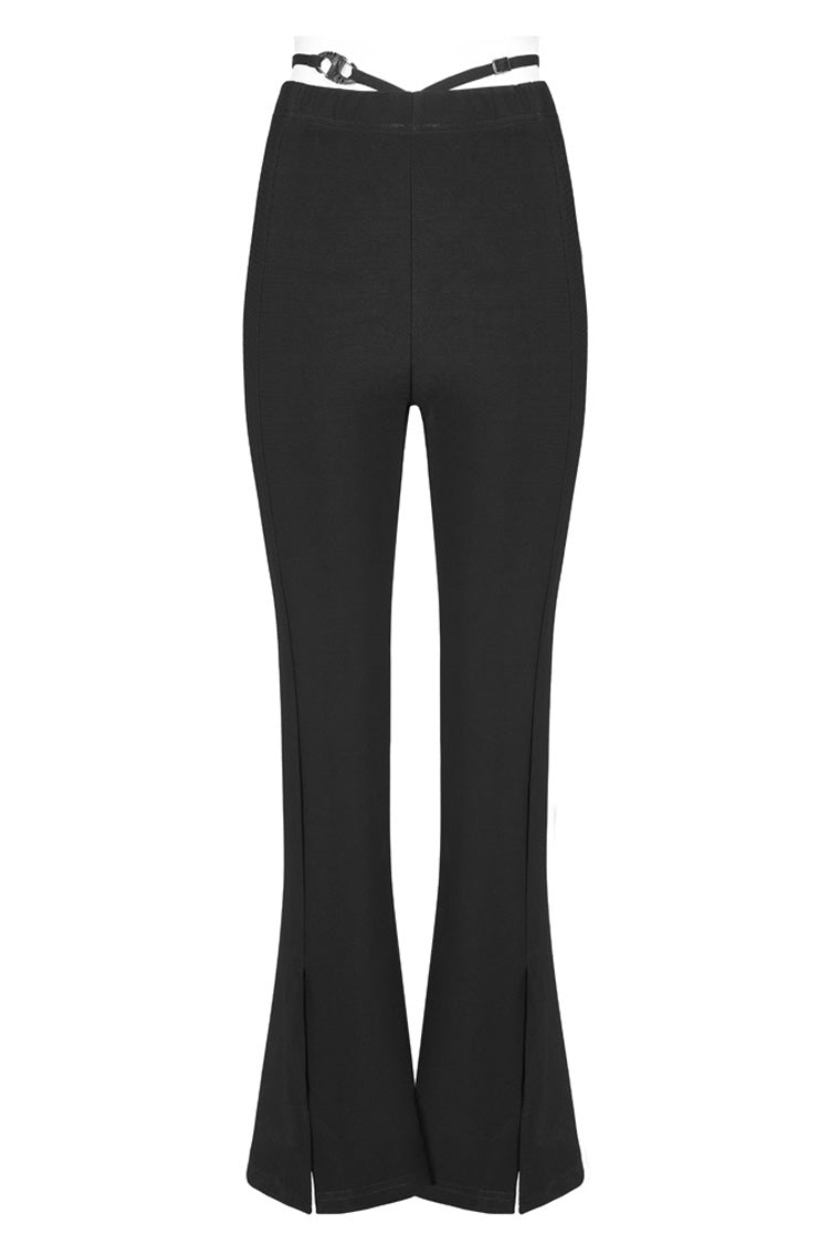 Black Hollow V-Shaped Decorative Bottom Slit Strap Micro Flare Women's Punk Pants