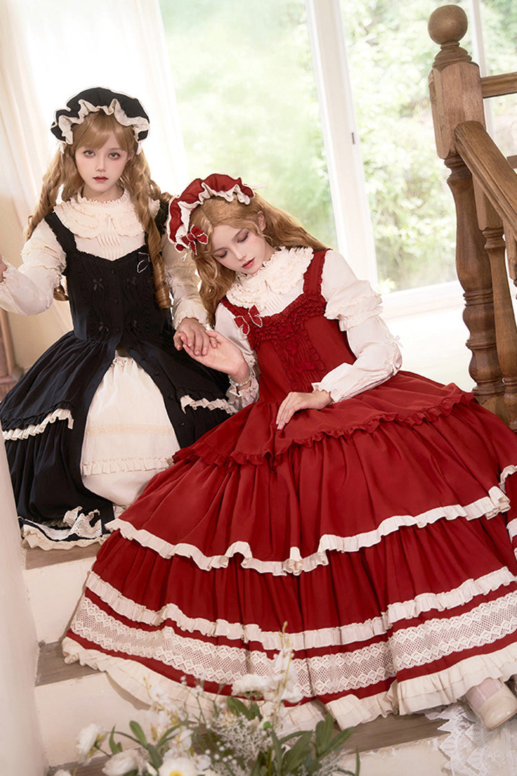 Schwarzes [Lily] Mehrlagiges Rüschenspitzen-Klassisches Elegantes Lolita-Jsk-Kleid