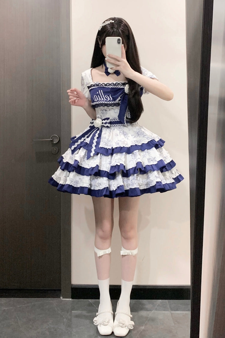 Blue/White Porcelain Print Multi-layer Ruffle Embroidery Bowknot Sweet Lolita Dress