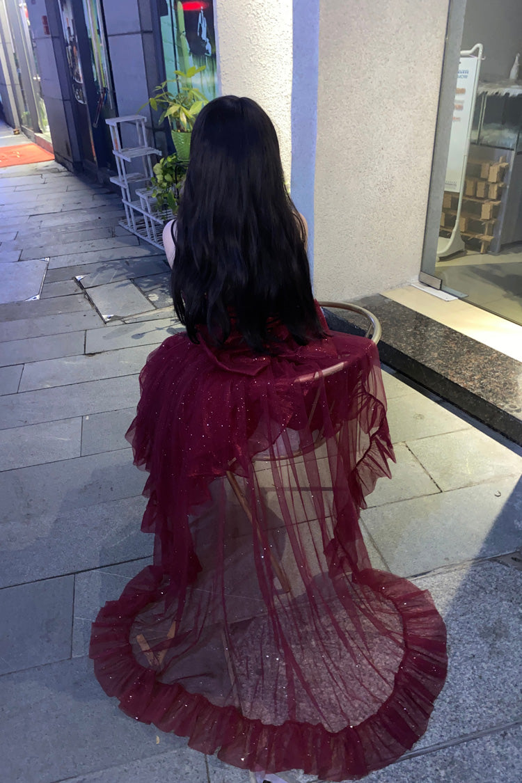 Süßes, wunderschönes Lolita-JSK-Kleid mit roter, glänzender Schleife und unregelmäßiger Schleife (einschließlich Schleppe)