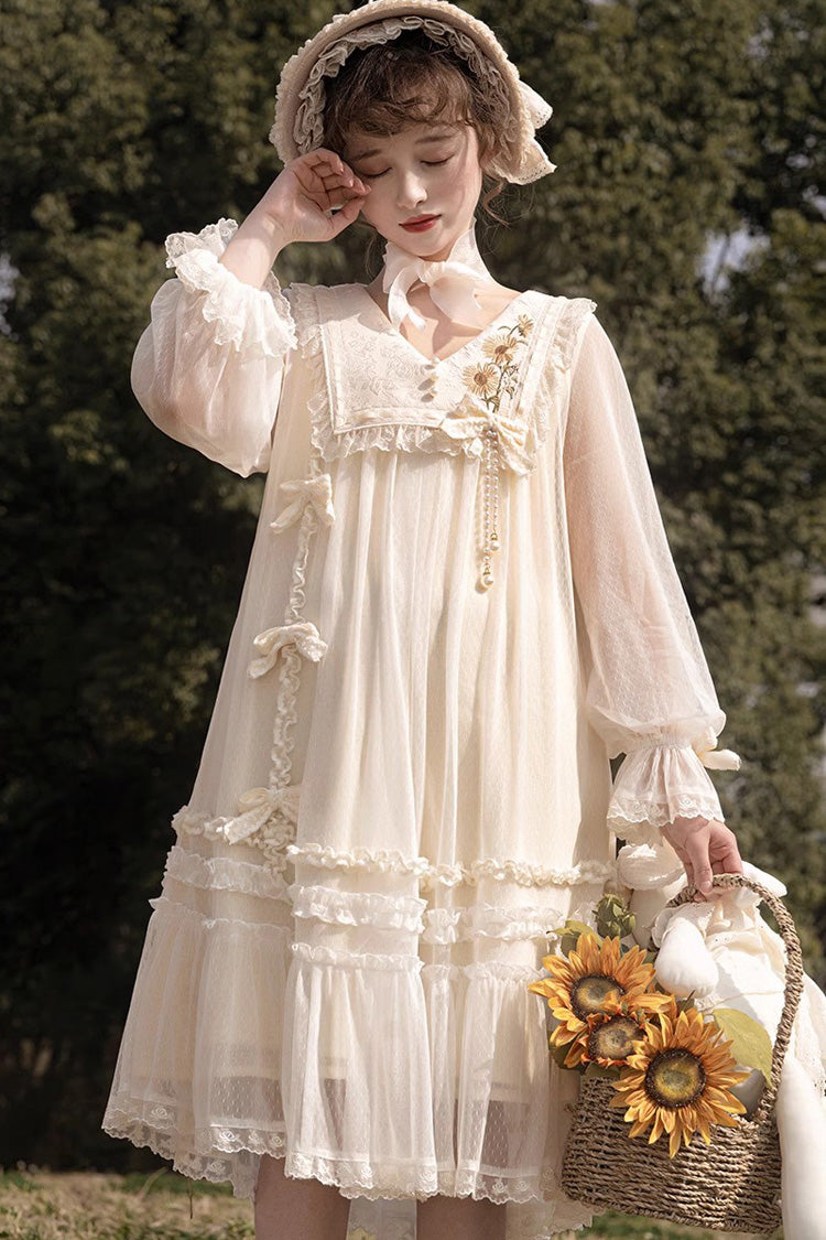 Elfenbein [Sunflower Diary] Langärmliges Rüschenstickerei Schleife Spitzen Chiffon Süßes Prinzessin Lolita Kleid