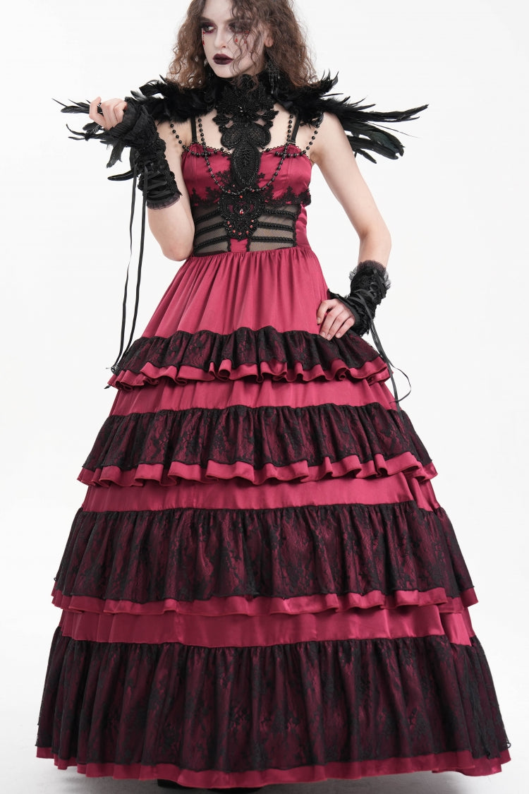 Red Multi-Layered Ruffle Lace-Up Mesh Women's Gothic Dress