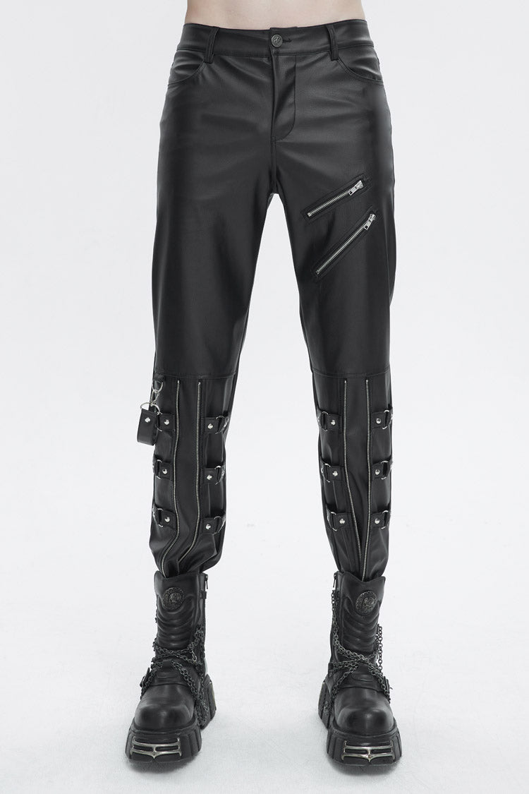 Black Removable Right Side Zipper Faux Leather Men's Punk Pants