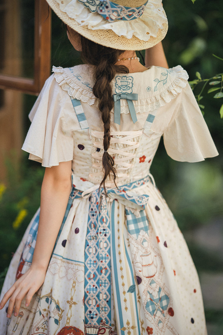 Blue/Green [Tea Party] Print Ruffle Bowknot Lace Sweet Elegant Lolita Jsk Dress