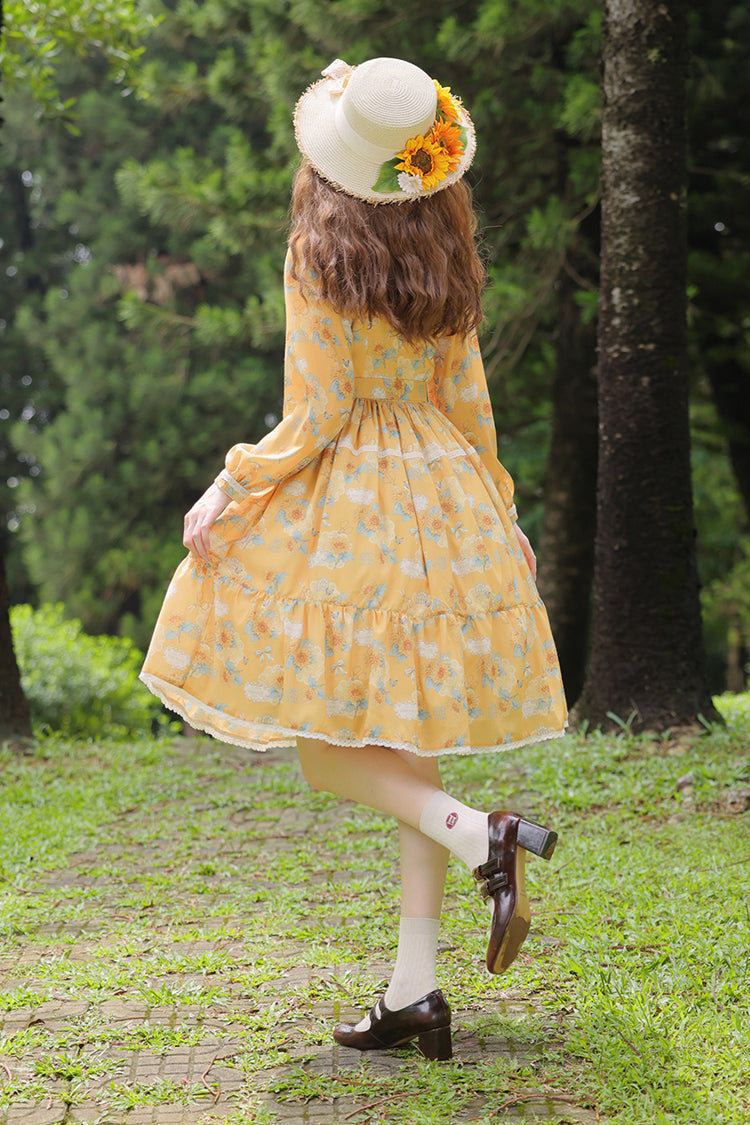 Yellow [Gardening Sunflower] Long Sleeves Print Ruffle Bowknot Sweet Elegant Lolita Dress