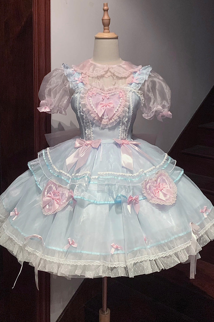 Blau/Rosa mehrlagiges süßes Lolita JSK Kleid mit Rüschen und Schleife aus Spitze