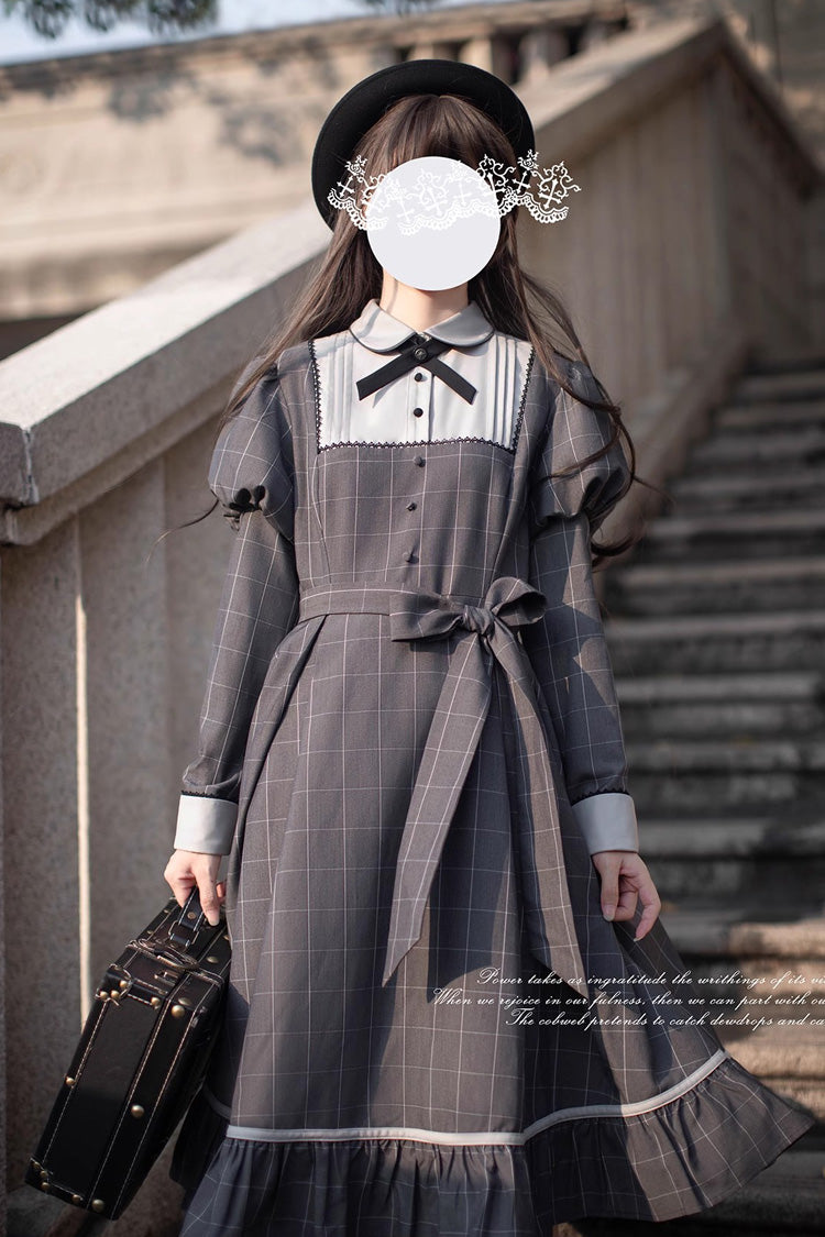 Grey Plaid Print Ruffle Bowknot Classic Vintage College Style Elegant Lolita Dress