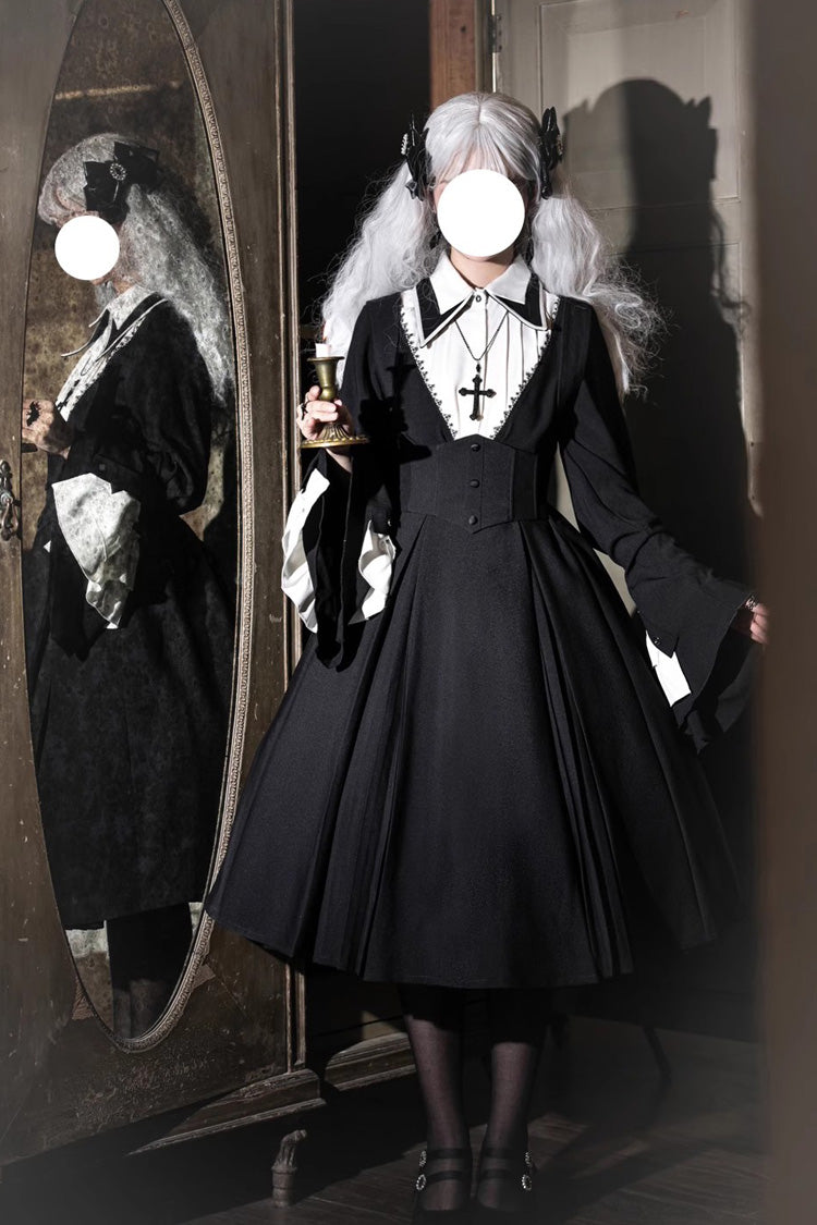 Black Cross Salute Nun Long Sleeves Ruffle Plus Size Gothic Lolita Strap Dress Set