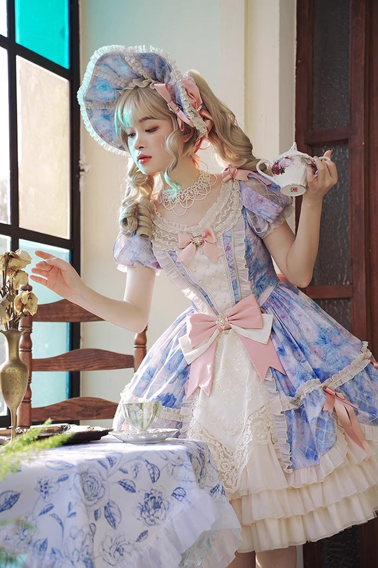 [Angel Heart Sky Oil Painting] Print Ruffle Cardigan Bowknot Sweet Princess Lolita Dress 3 Colors