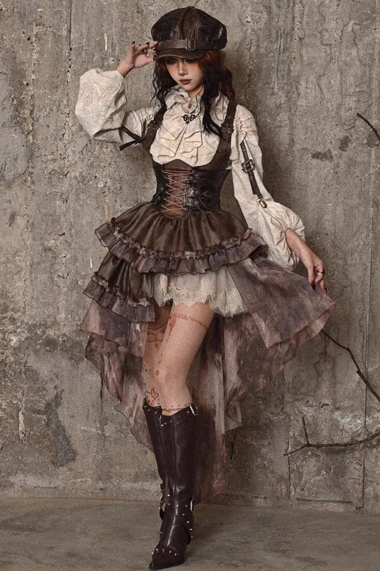 Brown Chest Straps Ruffle Irregular Detachable Tail Punk Lolita Dress