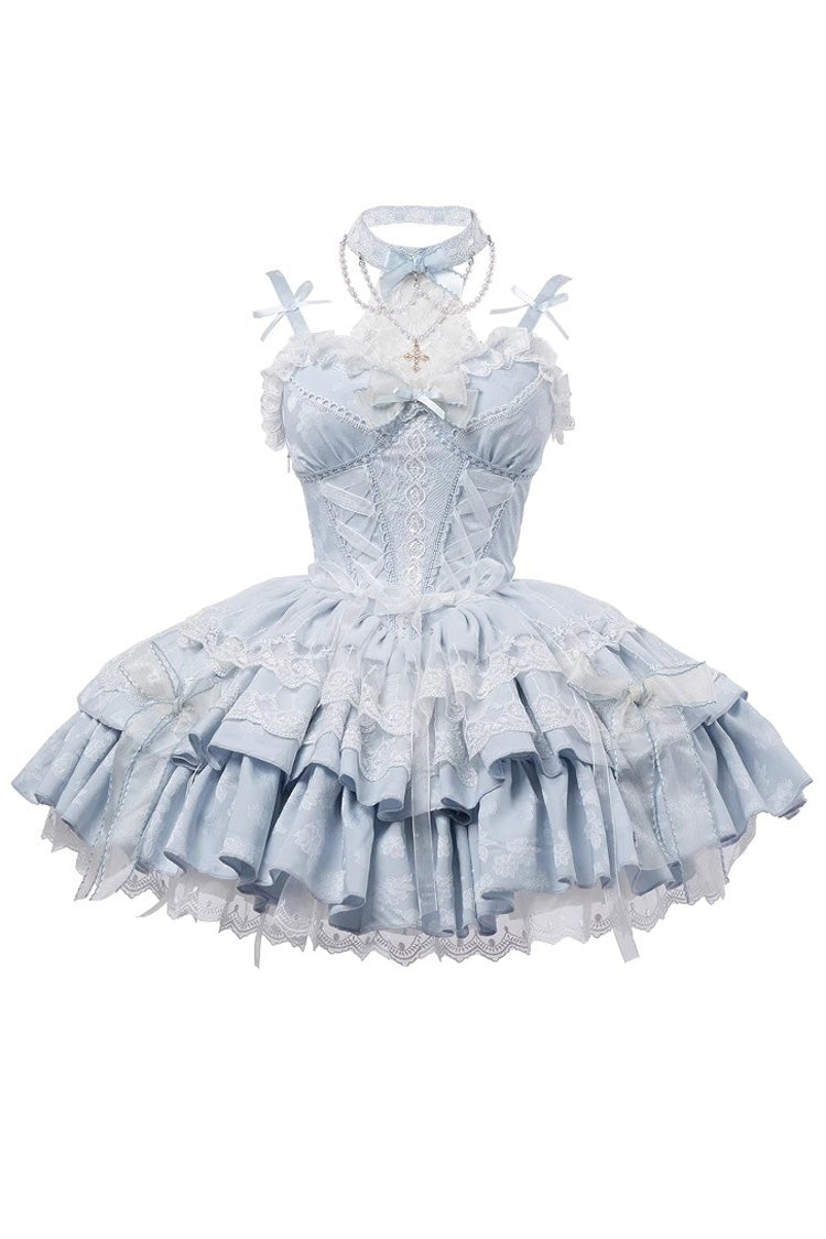 Light Blue Halterneck Double-Layered Jacquard Ruffle Bowknot Lace Sweet Ballet Lolita Jsk Dress