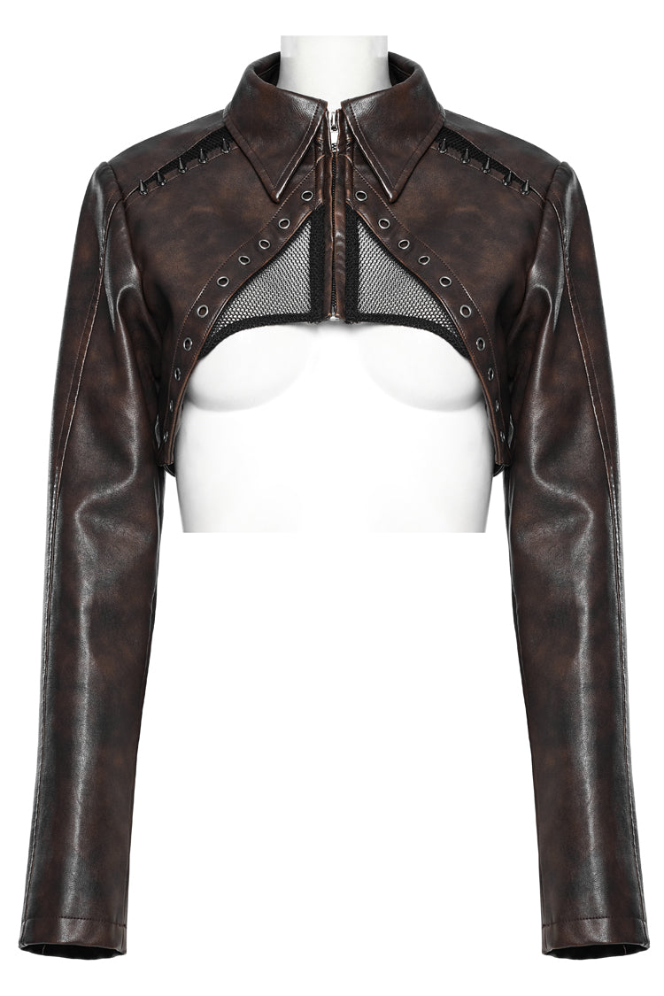 Brown Lapel Collar Long Sleeves Stitching Women's Faux Leather Punk Short Jacket