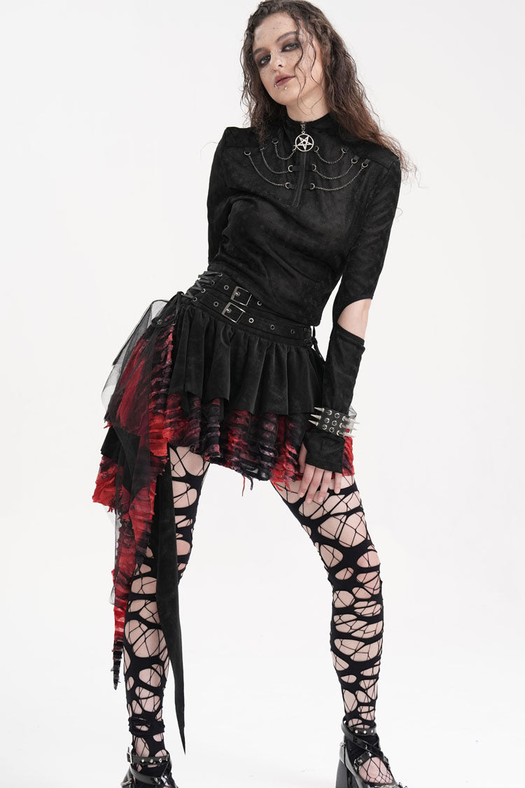 Black/Red Stitching Irregular Mesh Women's Gothic Skirt