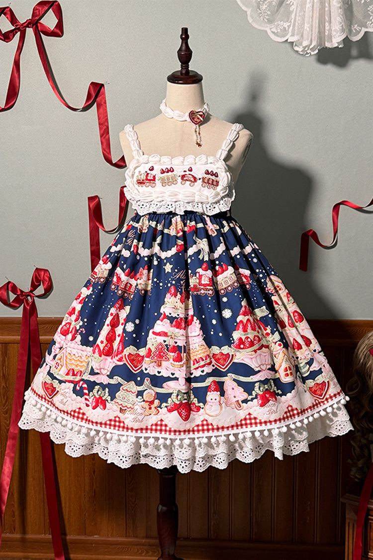 Süßes Lolita JSK-Kleid mit Rüschen und Schleife, Mint, Erdbeer-Dessert-Print, hoher Taille, 4 Farben