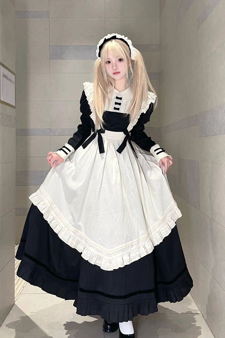 Black Maid Lapel Collar Short Sleeves Ruffle Sweet Classic Lolita Dress (Short or Long Version)