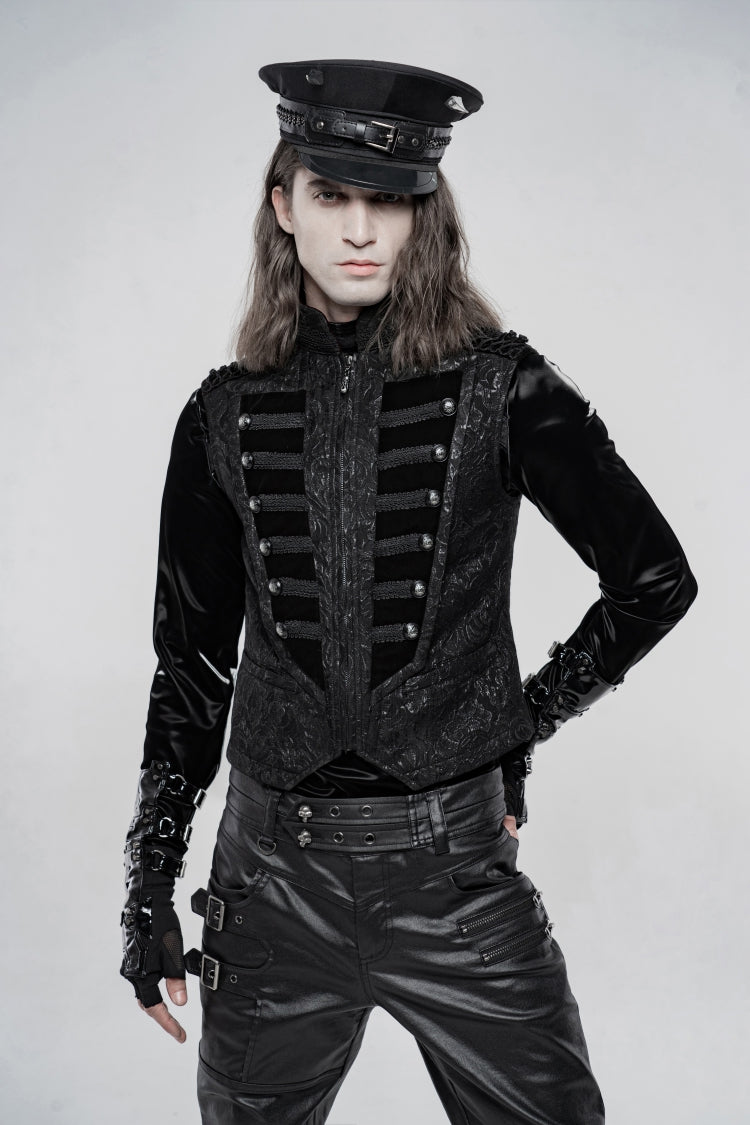 Black Stand Collar Jacquard Front Breasted Men's Gothic Vest