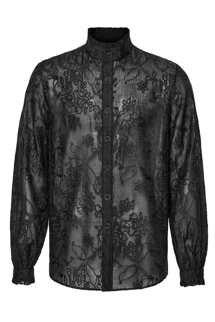 Schwarze Gothic-Bluse mit Stehkragen und Jacquard-Stickerei für Herren