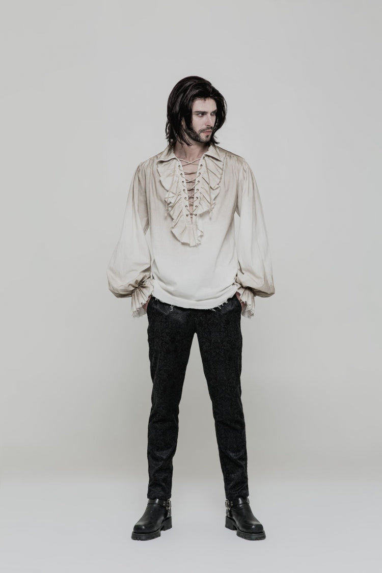 Men's Long Sleeves Ruched Lace-Up Steampunk Blouse 2 Colors