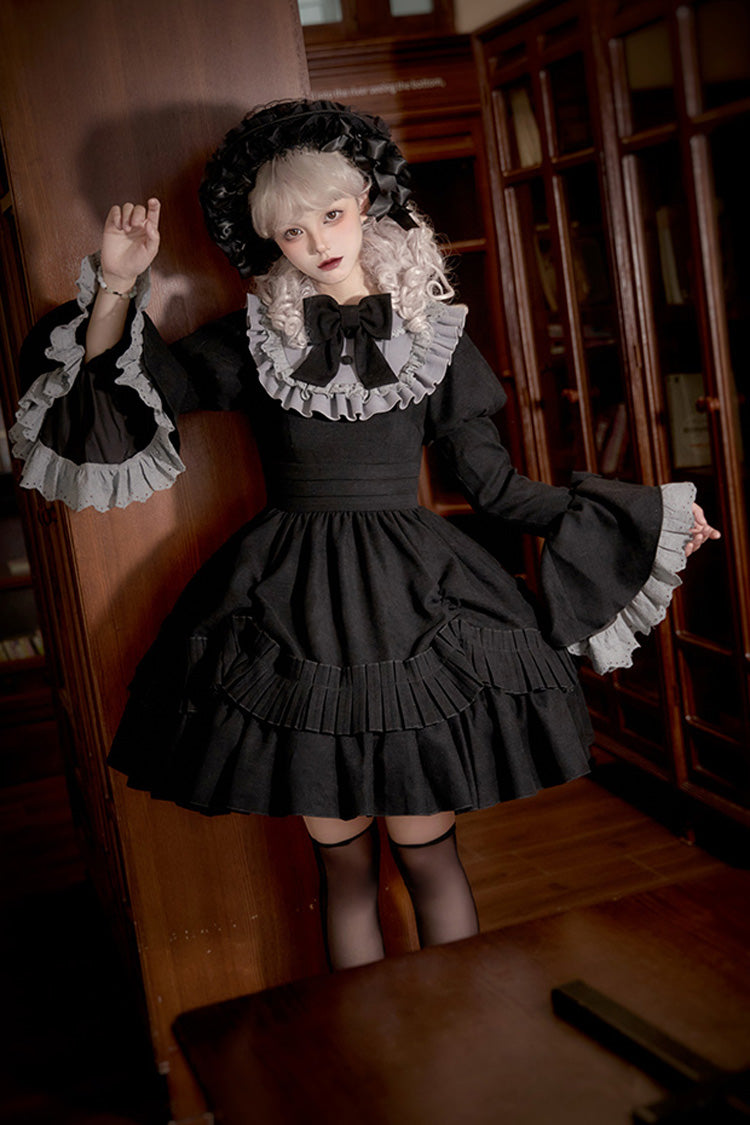 Schwarzes [Chapter of the Night] Gothic Lolita Kleid mit langen Hime-Ärmeln, Rüschen und Schleife