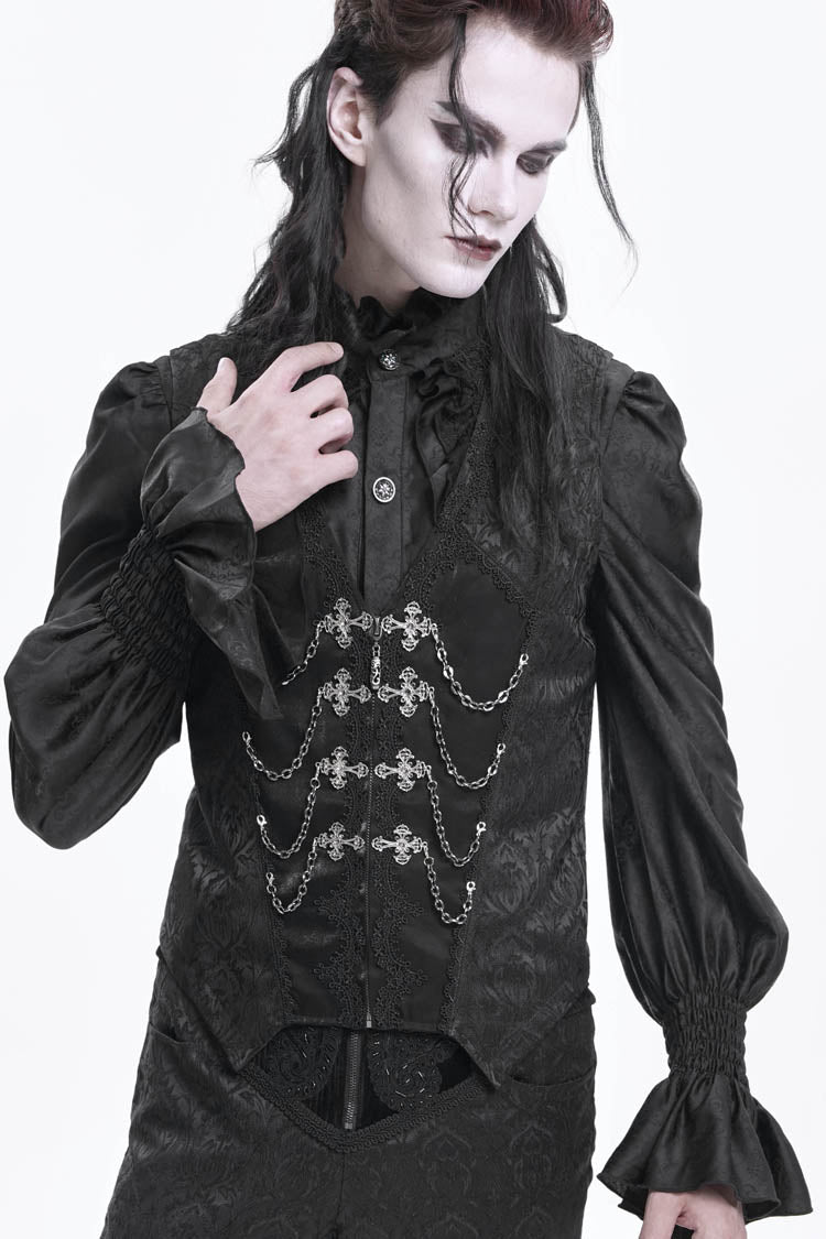 Black Sleeveless Jacquard Chain Buckle-up Men's Gothic Vest