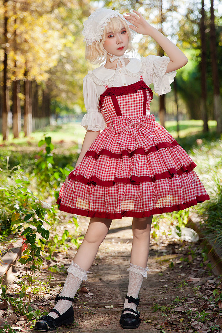 Rotes [Cloth Cat] Süßes Lolita-Kleid mit dreilagigem Karomuster, Rüschen und Schleife