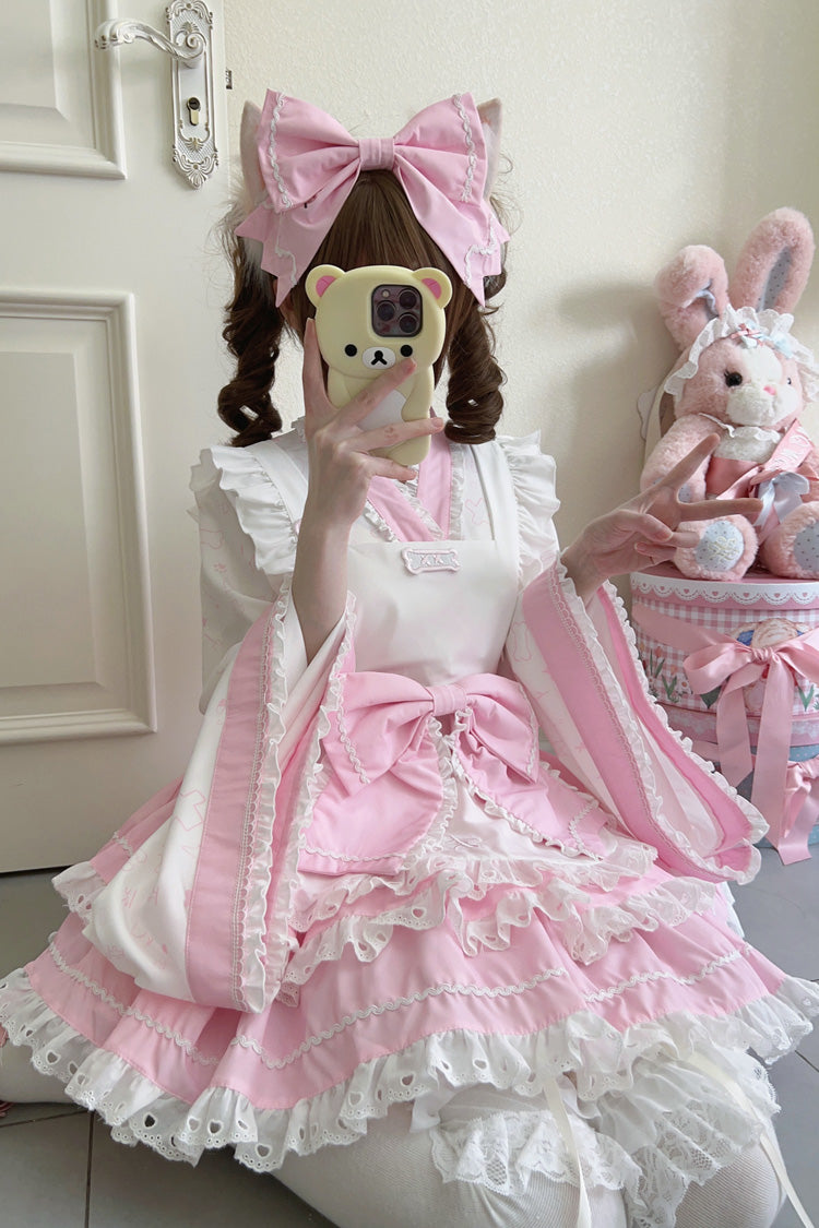 Pink/White Double-Layered Ruffle Bowknot Maid Sweet Lolita Skirt Set