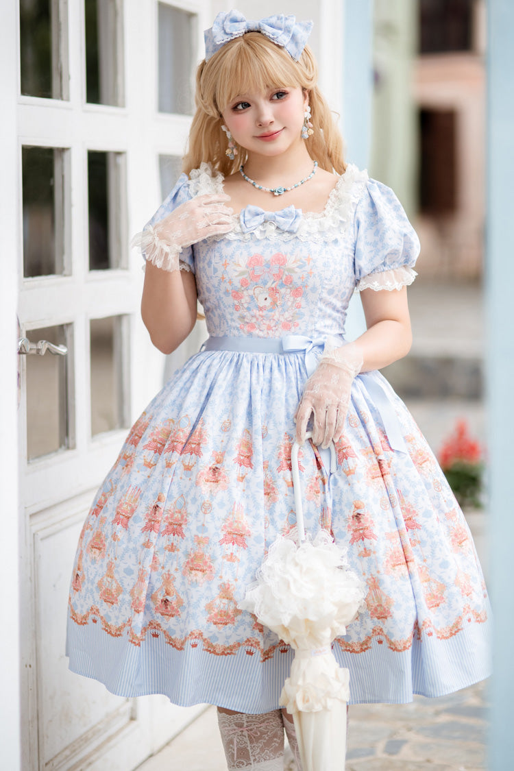 Blue [Rose Garden Rabbit] Print Ruffle Bowknot Sweet Lolita Dress