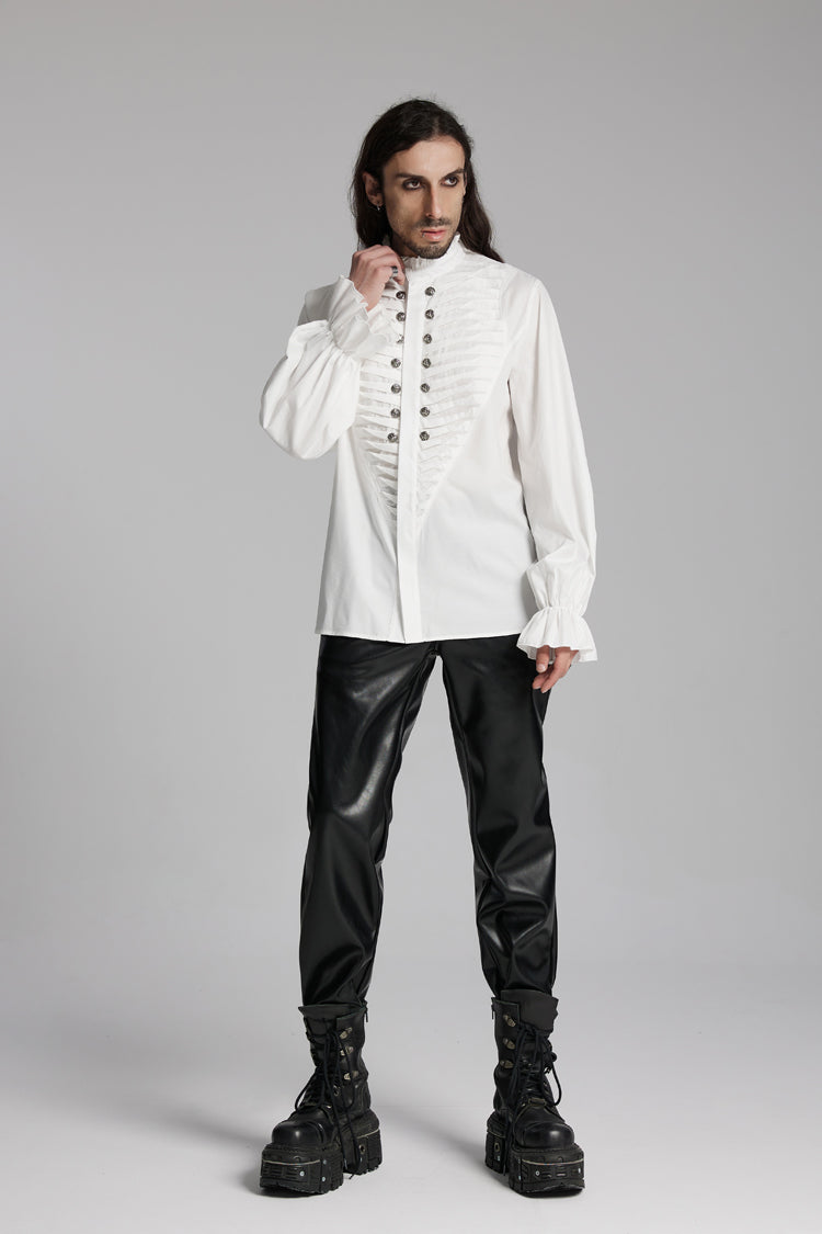 White Stand Collar Beast Buckle Long Sleeves Ruffle Men's Gothic Blouse