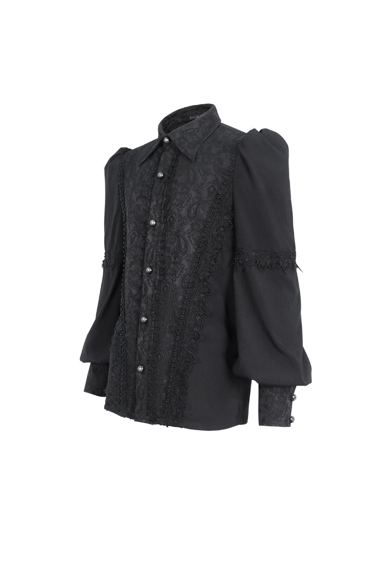 Black Lapel Collar Lantern Sleeves Jacquard Embroidery Men's Gothic Blouse