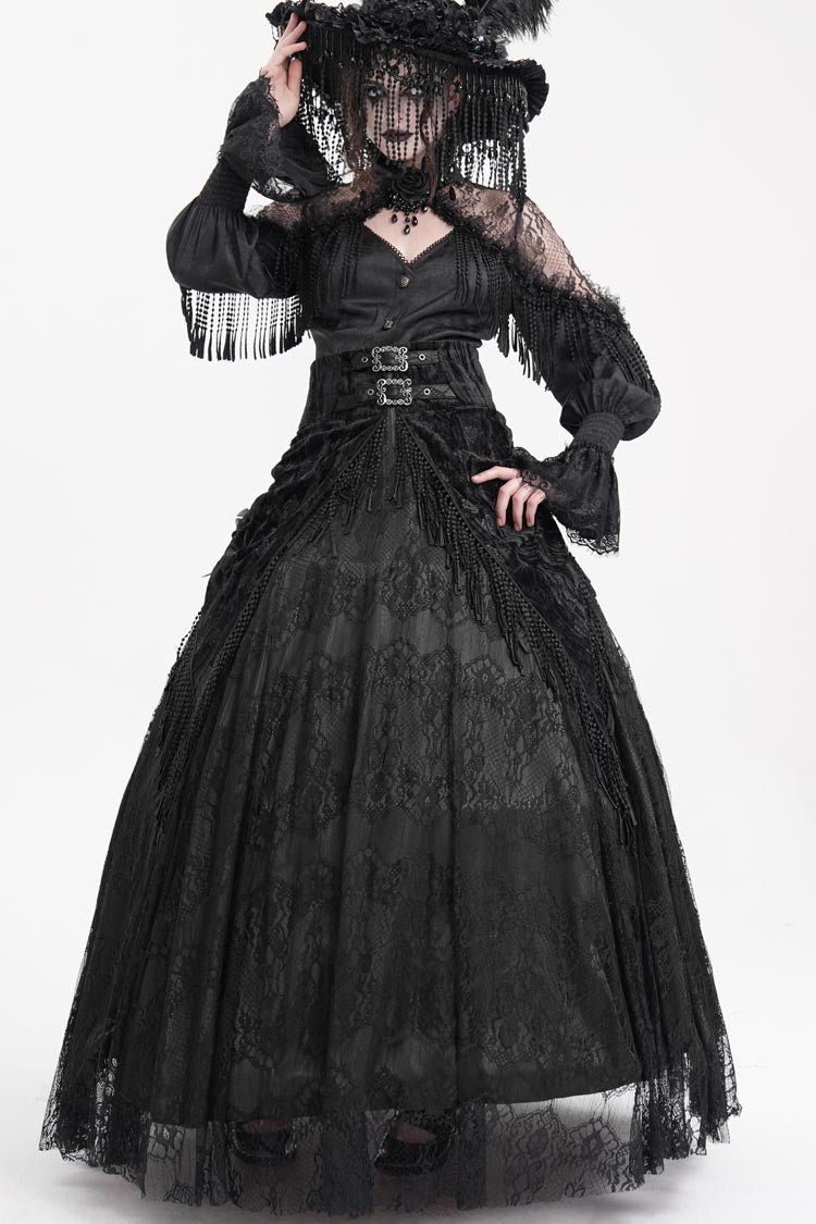 Black Print Embroidery Tassels Buckle-up Lace-Up Women's Gothic Long Skirt