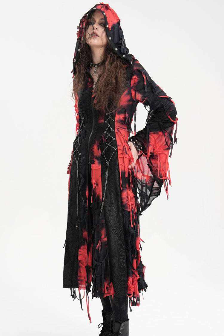 Black/Red Long Sleeves Lace Ripped Zipper Women's Punk Coat