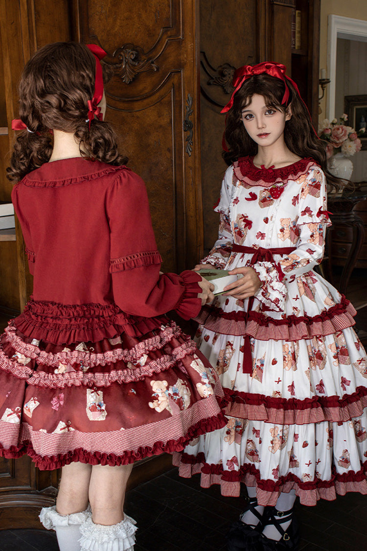 Weiß/Rosa [Bell Strawberry Farm] Bedrucktes, langärmliges, dreilagiges Lolita-Kleid mit Rüschen