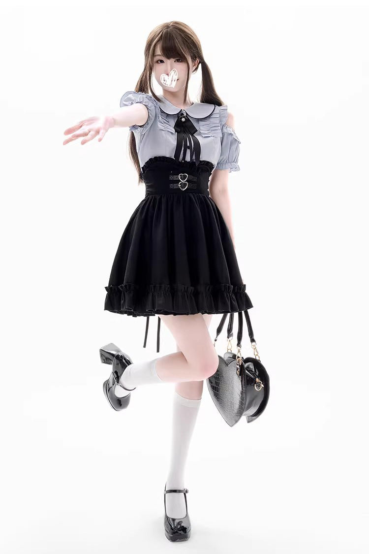 Black/Blue Off Shoulder Short Sleeves Ruffle Bowknot Sweet Jirai Kei Japanese Set