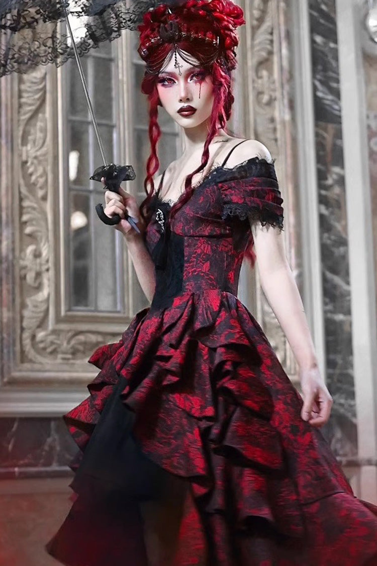 Black/Red Feast in Hades Short Sleeves Print Ruffle Cardigan Gothic Lolita Dress