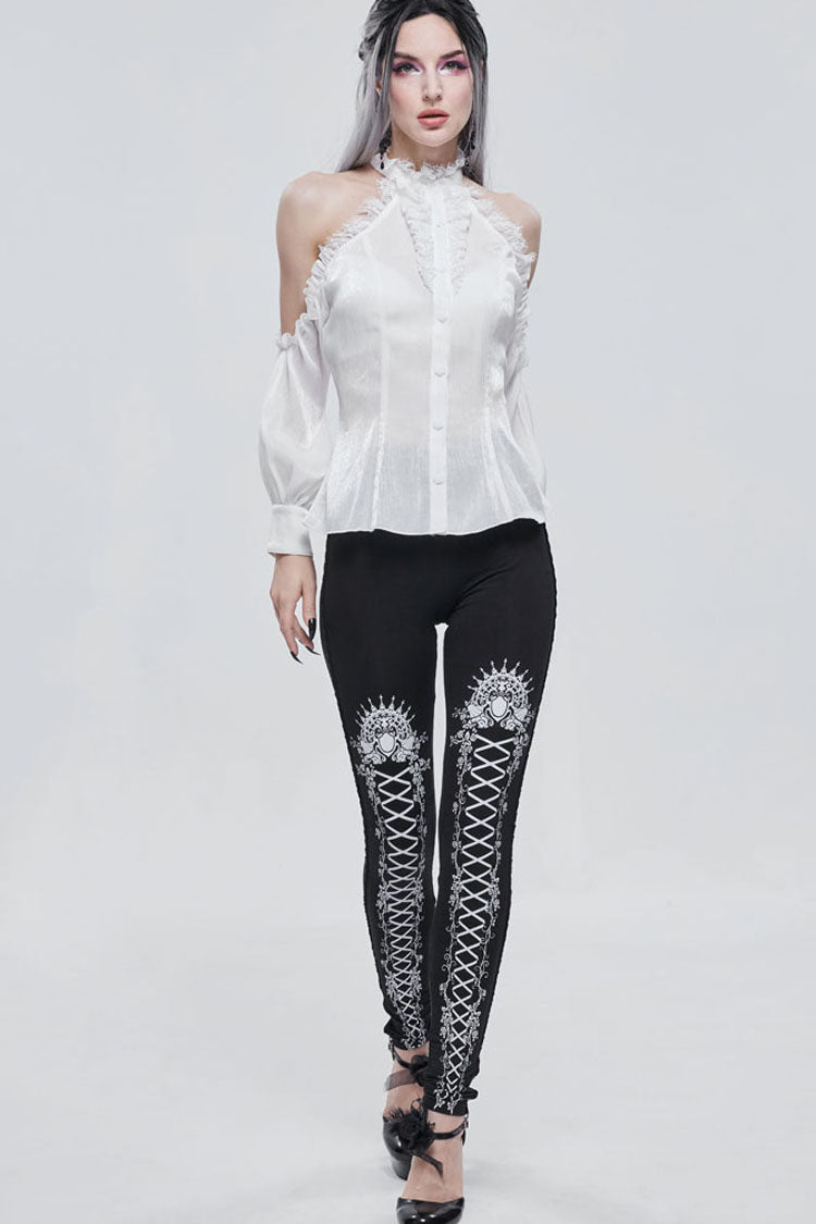 Black/White Gothic Printed Decoration Tie-Rope Elasticity Women's Leggings