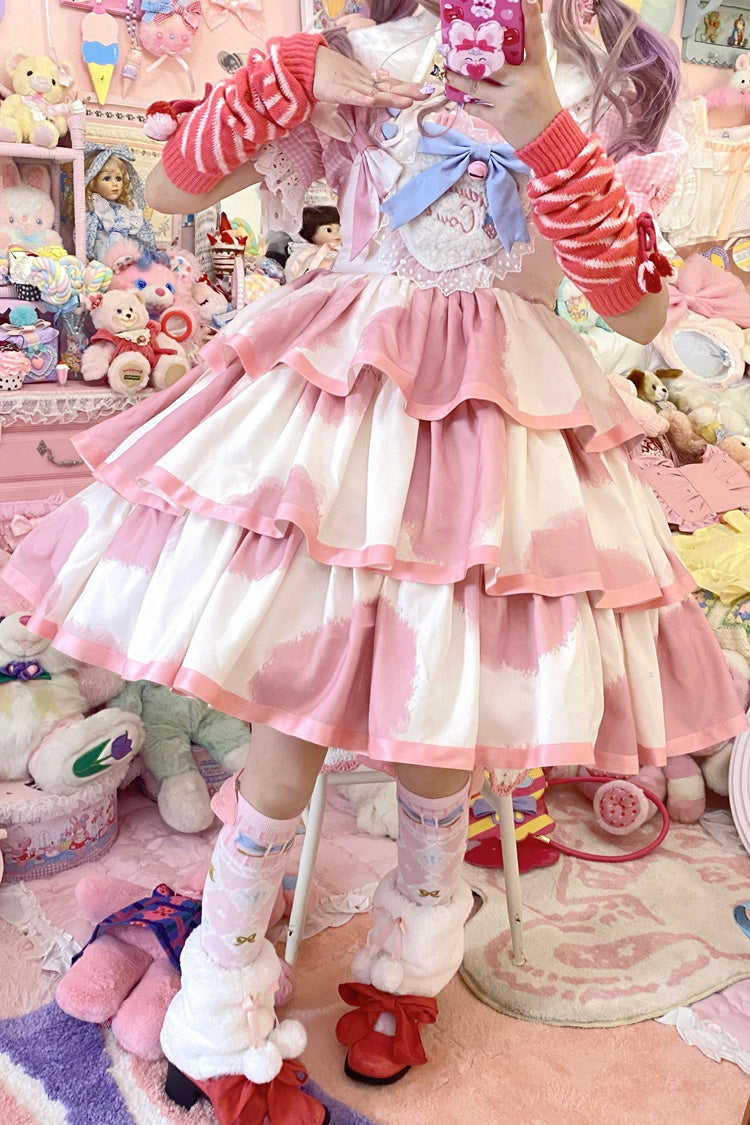 Pink Sleeveless Triple-Layered Cow Print Ruffle Bowknot Sweet Lolita Jsk Dress