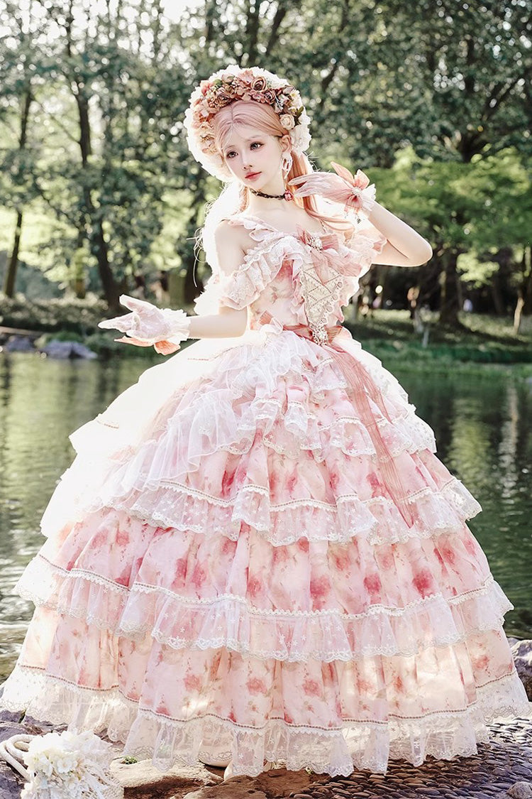 Pink [Rose Letter] Off Shoulder Triple-Layered Print Ruffle Hanayome Sweet Princess Lolita Dress