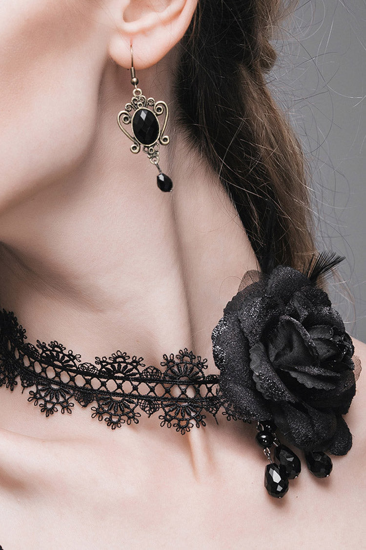 Schwarze glänzende Spitze Rose Perlen Kette Damen Gothic Choker