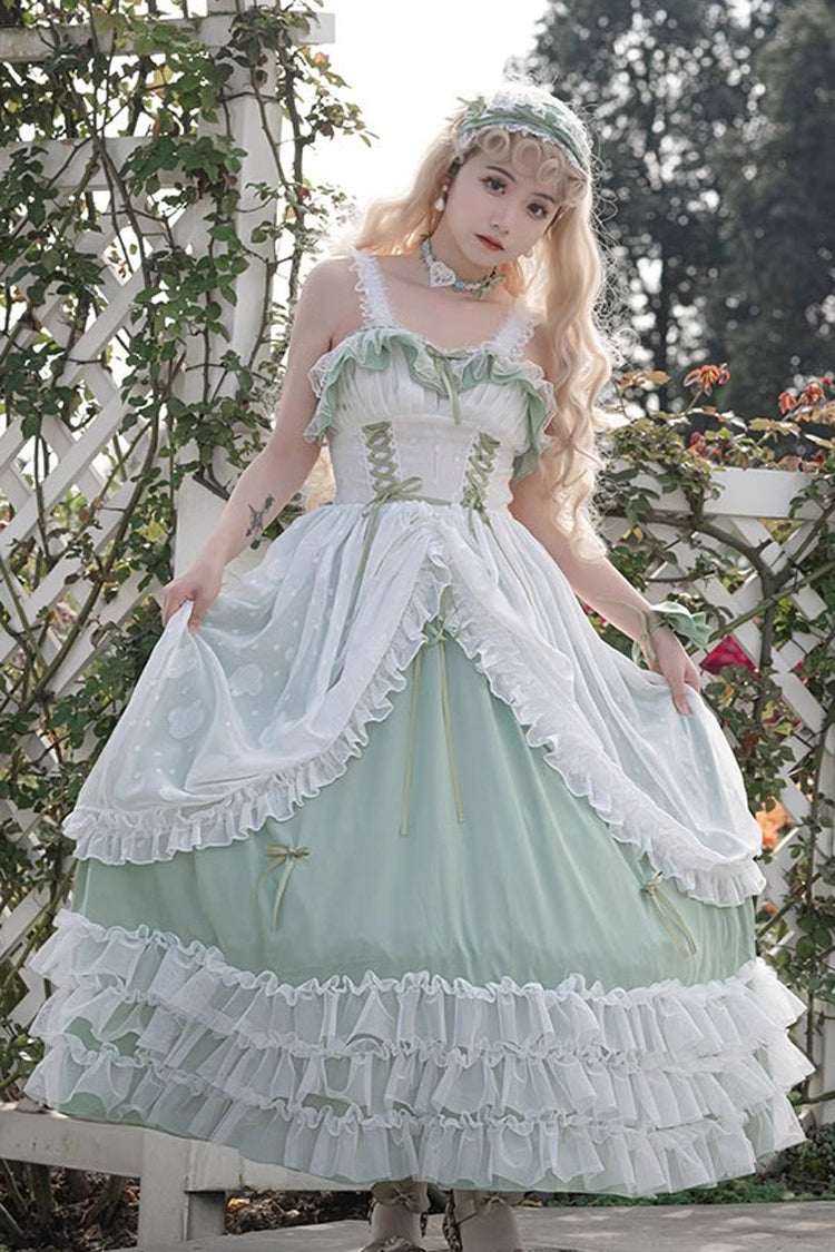 Grünes, mehrlagiges Hanayome-Spitzenkleid mit Rüschen und Schnürung in Übergröße, süßes Lolita-JSK-Kleid (lange Version)