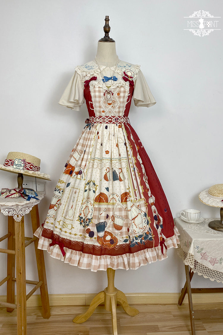 Red [Tea Party] Print Ruffle Bowknot Lace Sweet Elegant Lolita Jsk Dress