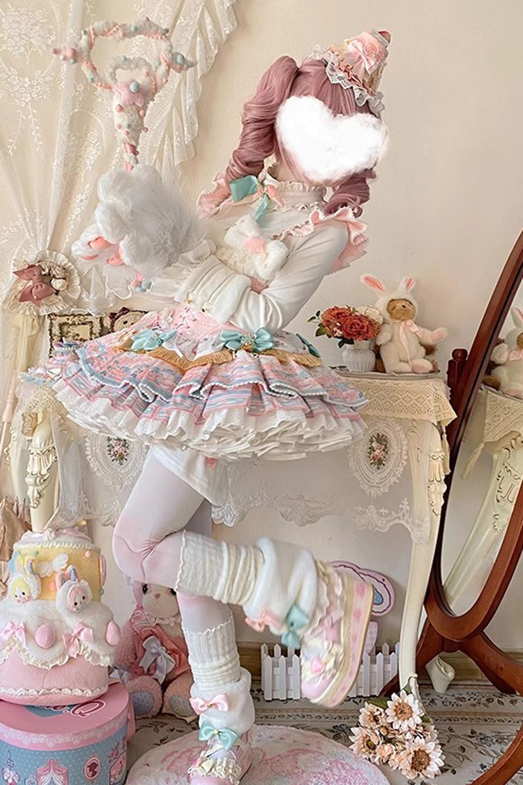 Pink [Candy House] Multi-Layered Print Ruffle Bowknot Lace-Up Sweet Ballet Lolita Jsk Dress