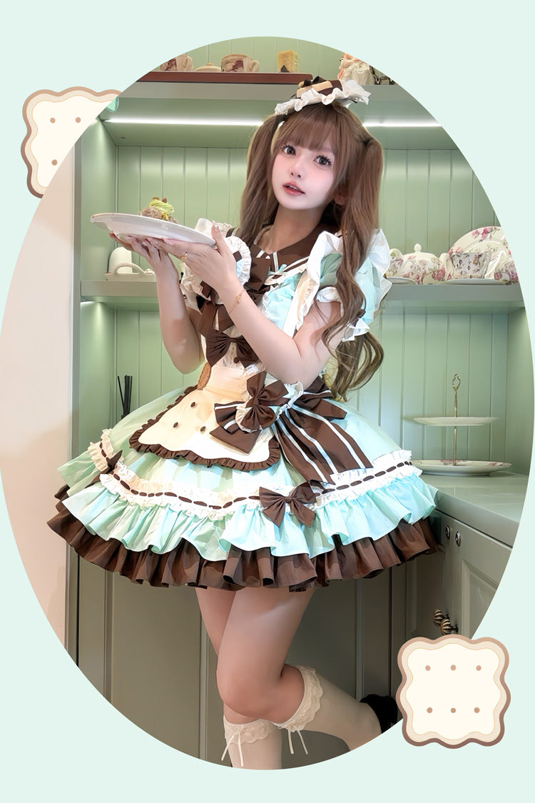 Cookies Short Sleeves Maid Ruffle Bowknot Sweet Lolita Tiered Dress 2 Colors