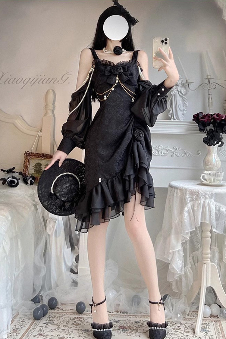 Camellia Rose Ruffle Asymmetric Gothic Chinese Style Elegant Lolita Jsk Dress 3 Colors