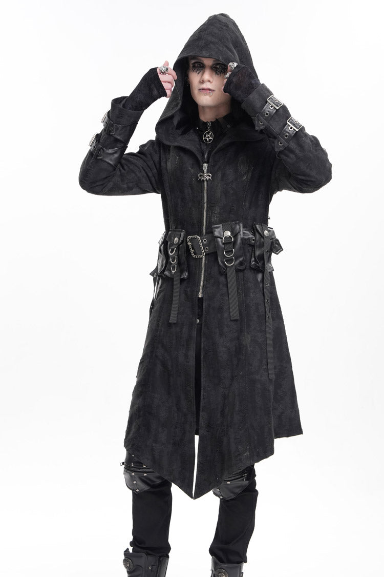 Black Buckle-up Eyelets Long Sleeves Hooded Men's Gothic Jacket