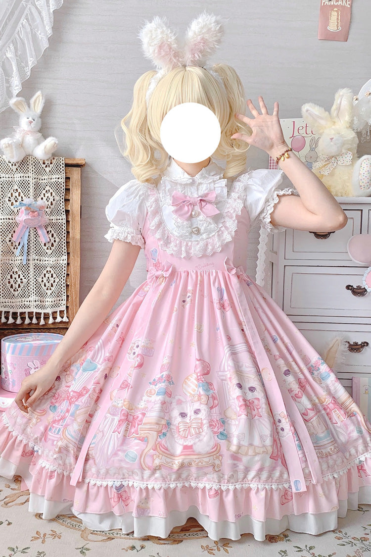 Pink Cute Cat Print High Waisted Ruffle Bowknot Sweet Princess Lolita JSK Dress