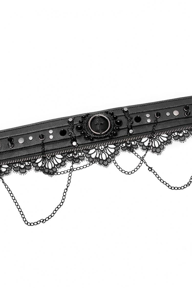 Black Leather Metal Rivets Lace Women's Gothic Chocker