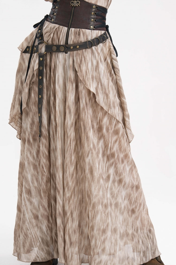 Apricot Ruffle Lace-Up Women's Gothic Eyelets Rivets Long Skirt