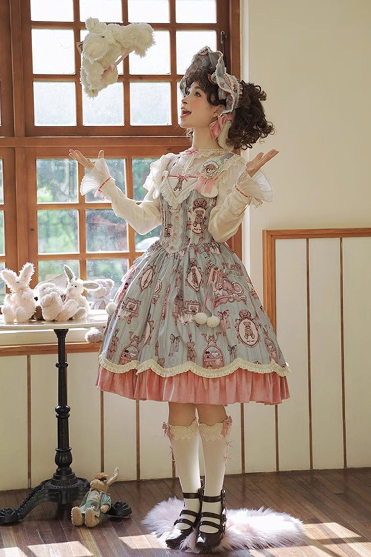 Pink/Green Bear Doll Wall Print Lamb's Ear Ruffle Embroidery Bowknot Sweet Lolita Dress