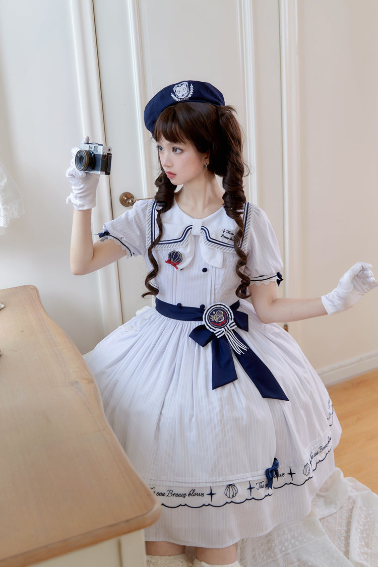 White Navy Stripe Print Short Sleeves Ruffle Embroidery Sweet Lolita Dress